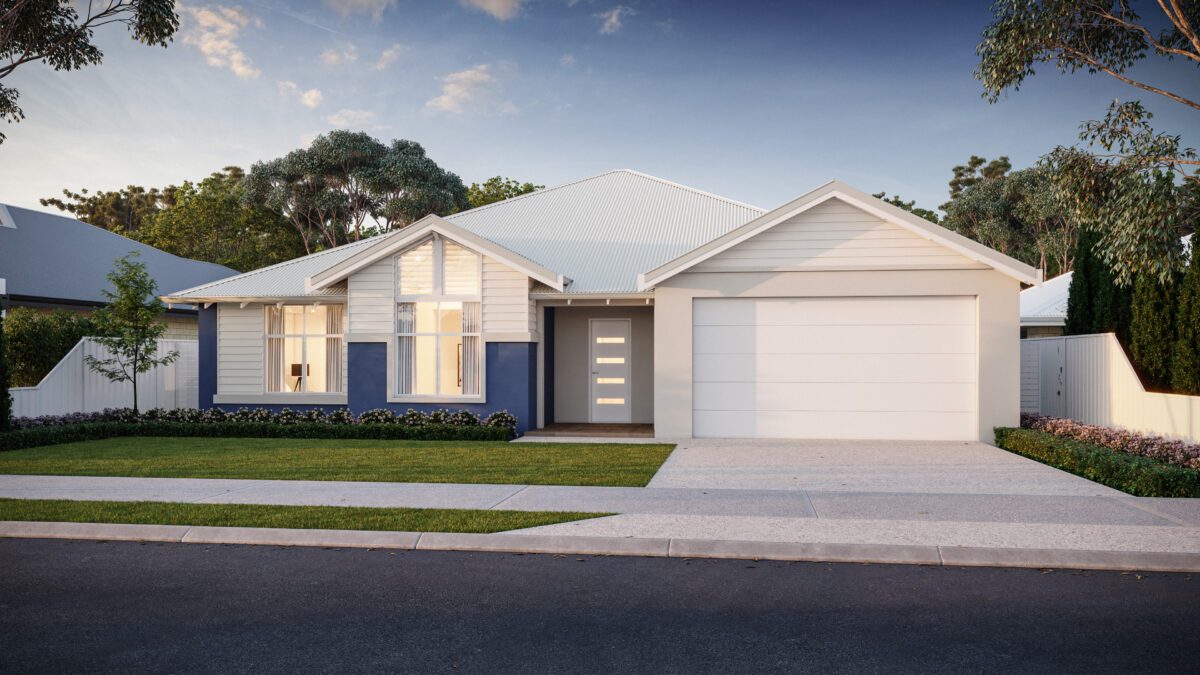 Modern knockdown rebuild home in South West WA with gabled roof and double garage after demolish and rebuild.