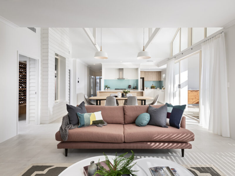 The Airlie Beach modern beach house home design with high pitched ceilings to let in natural light, by WA Country Builders.