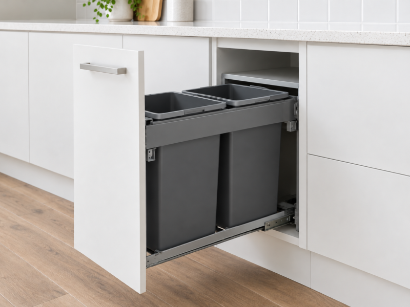 Built to live promotion by WA Country Builders featuring pullout bin cupboard for practical living solutions in the kitchen.