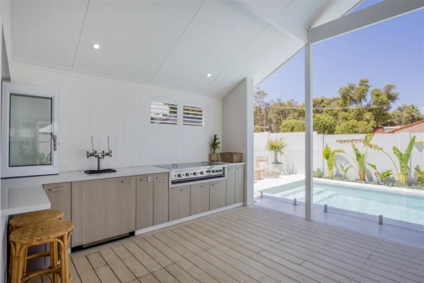 duncraig custome home external kitchen with view of the pool